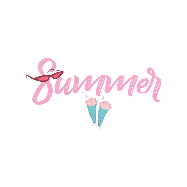 楽しい夏のバナー ジューシーな色 レタリング サングラス アイスクリームを使用した夏の組成物 — ストックベクタ