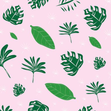 Pembe backround üzerinde Tropikal Parlak Yeşil yaprakları Egzotik Desen