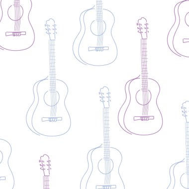 Gitar parlak kontur görüntüleri ile arka plan. Kartpostal, simge, logo, rozet, el ilanı, pankart, tebrik, afiş için. Doodle stili