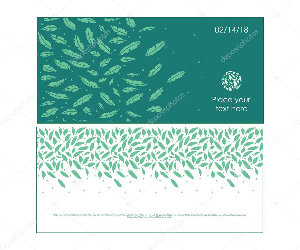 Set of trendy universal cards featuring feathers with green and white backgrounds