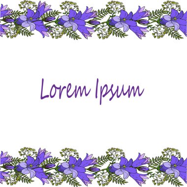 Çerçeve mavi çiçekler ve tasarım için beyaz zemin üzerine yeşil yaprakları ile kart.