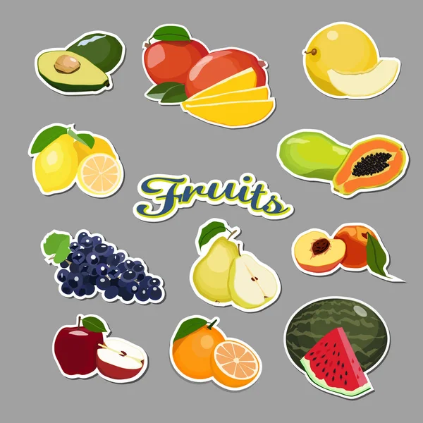 Conjunto Pegatinas Frutas Aisladas Sobre Fondo Gris — Vector de stock