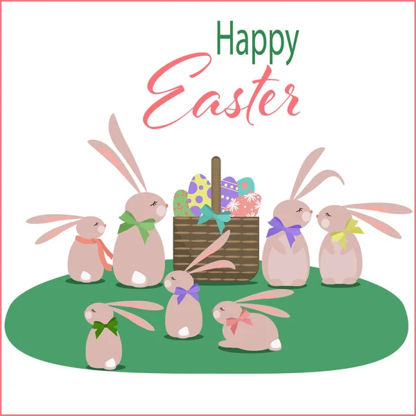 Tarjeta Felicitación Feliz Pascua Con Conejito Huevos — Vector de stock