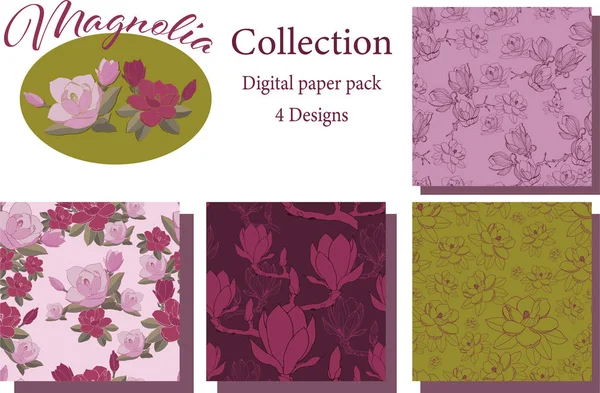 Conjunto Patrón Sin Costura Magnolia Envase Papel Digital Diseños Para — Vector de stock