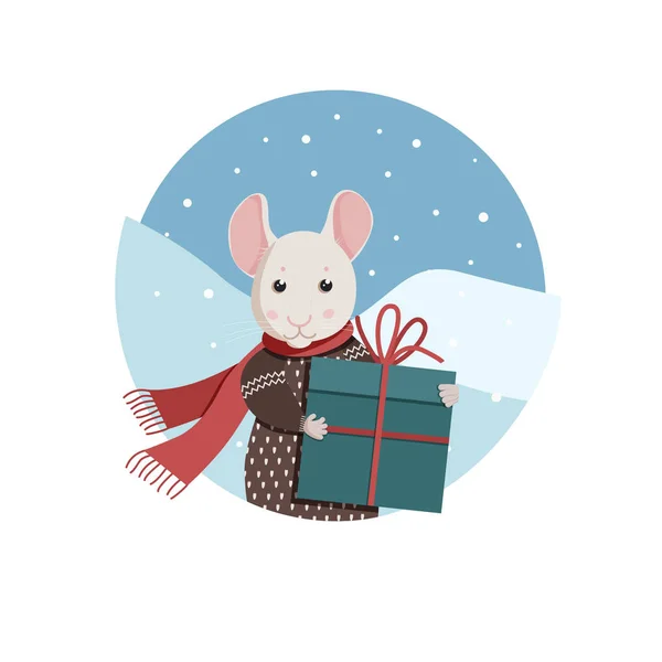 Прекрасная Белая Мышь Красным Шарфом Коричневый Пуловер Держит Подарок — стоковый вектор