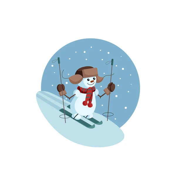 Милый Снеговик Катается Лыжах Иллюстрация Стиле Мультфильма Уютное Зимнее Настроение — стоковый вектор