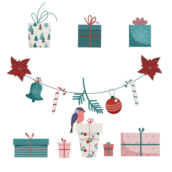 Рождественские Подарки Коробки Изолированы Белом Фоне Набор Элементов Шелковистой Плоскости — стоковый вектор