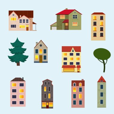 Dış cephe binaları. Renkli eski, eski ve modern evler simgesi