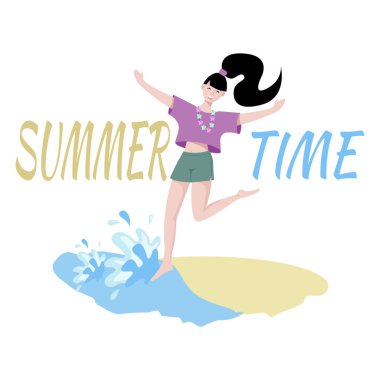 Çizgi film çizimi. Mutlu kız yaz tatilinin tadını çıkarıyor..