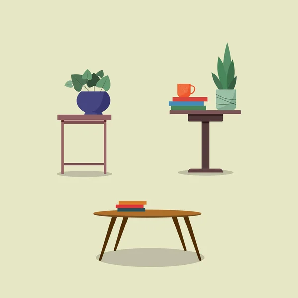 Différentes Tables Avec Plantes Maison Livres Tasse Illustration Vectorielle Style — Image vectorielle