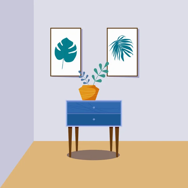 Mignon Mobilier Intérieur Maison Vase Avec Des Feuilles Décoratives Illustration — Image vectorielle