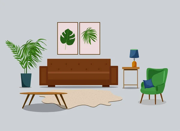 Woonkamer Interieur Met Meubels Kamerplanten Woondecoraties Appartement Ingericht Gezellige Stijl — Stockvector