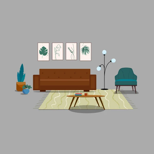 Salon Intérieur Avec Mobilier Plantes Intérieur Décorations Pour Maison Appartement — Image vectorielle