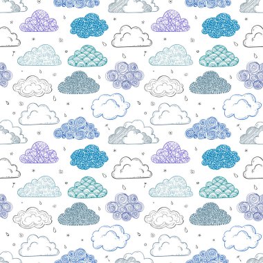 Kesintisiz mavi artalanla doodle bulutlar. Duvar kağıdı, desen dolgularını, tekstil, web sayfası arka planı, yüzey dokuları için kullanılabilir