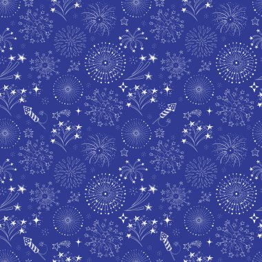 Mavi arka plan üzerinde doodle havai fişek ile Seamless modeli