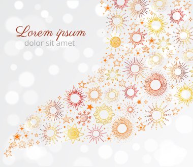 Beyaz parlak zemin üzerine altın güneşlerin skeçler doodle.