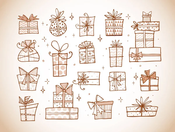 Colección Cajas Regalo Doodle Sketch Sobre Fondo Papel Parcela Marrón — Vector de stock