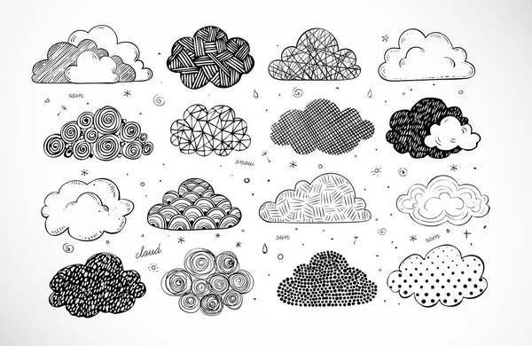 Doodle kroki bulutlar beyaz arka plan üzerinde kümesi.