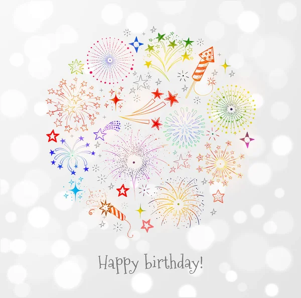 Greeting Card Colored Doodle Fireworks White Glowing Background — Stock Vector