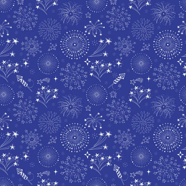 Seamless Pattern Doodle Fireworks Blue Background — Stock Vector