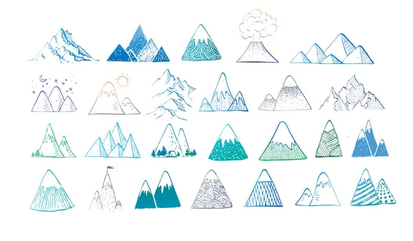 Conjunto Dibujado Mano Doodle Sketch Montañas — Vector de stock
