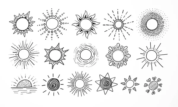 Farbige Doodle Skizzen Der Sonne Auf Weißem Hintergrund — Stockvektor