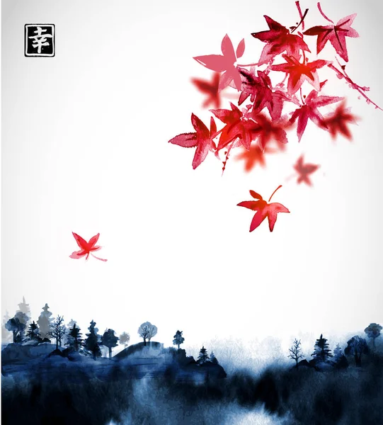 Δασικά Δέντρα Της Ομίχλης Και Κόκκινο Ιαπωνικό Maple Χέρι Μελάνι — Διανυσματικό Αρχείο