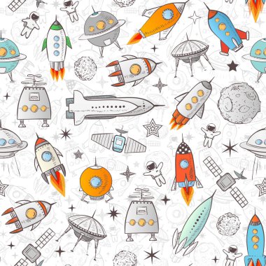 Farklı uzay gemileri ve beyaz arka plan üzerinde izole roketler