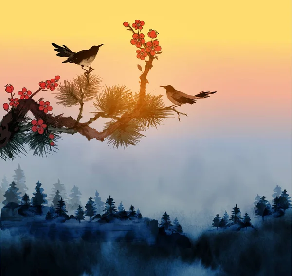 日本公园里的鸟儿坐在树枝上 — 图库矢量图片