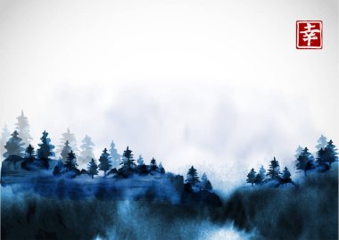 Mavi orman ağaçta sis elle mürekkeple çizilmiş. Geleneksel oryantal mürekkep boyama sumi-e, u-sin, go-hua. Hiyeroglif - mutluluk içerir.