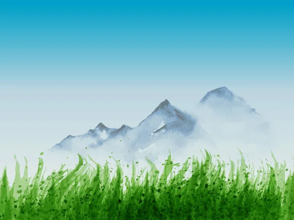 緑の草 遠くの山々 青い空のある風景します 日本の伝統的なインク絵画水墨画 — ストックベクタ