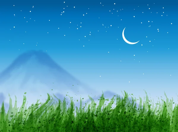 Paisaje Con Hierba Verde Montañas Lejanas Estrellas Cielo Azul Noche — Vector de stock