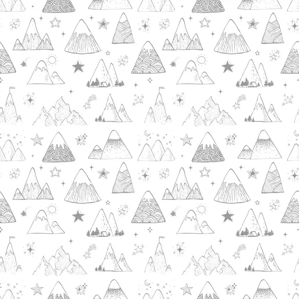 Modèle Sans Couture Avec Croquis Doodle Montagnes Sur Fond Blanc — Image vectorielle