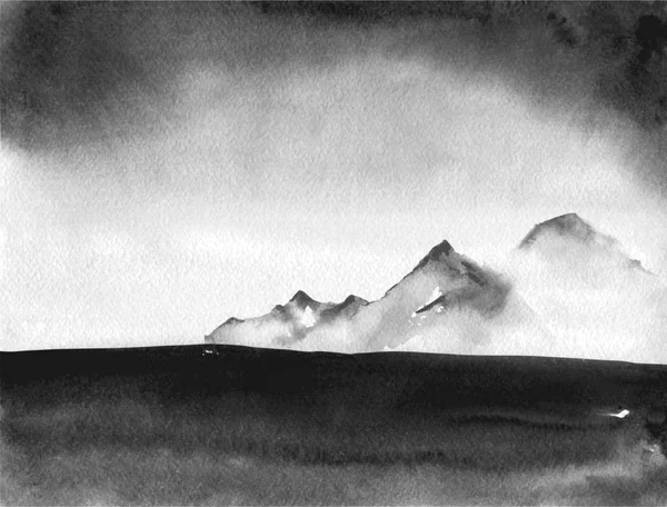 Ink Wash Painting Landscape Distant Mountains Thunderstorm Clouds Traditional Oriental — Stock Vector