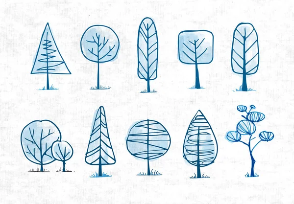 Doodle Blauwe Schets Bomen Rijstpapier Achtergrond — Stockvector