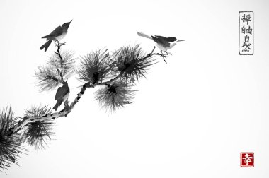 İki kuş çam ağacı dalı. Geleneksel oryantal mürekkep boyama sumi-e, u-sin, go-hua. Hiyeroglif - zen, özgürlük, Doğa, mutluluk. 