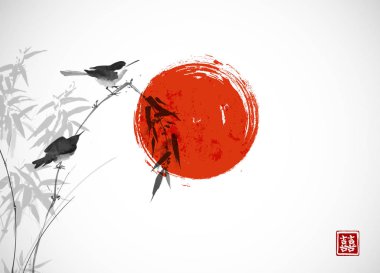 Ağaç dalı ve büyük kırmızı güneş iki kuş. Geleneksel oryantal mürekkep boyama sumi-e, u-sin, go-hua. Hiyeroglif - zen, özgürlük, Doğa, mutluluk