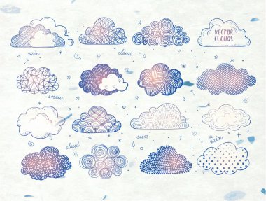 Mavi parlak dizi doodle kroki bulutlar beyaz arka plan üzerinde