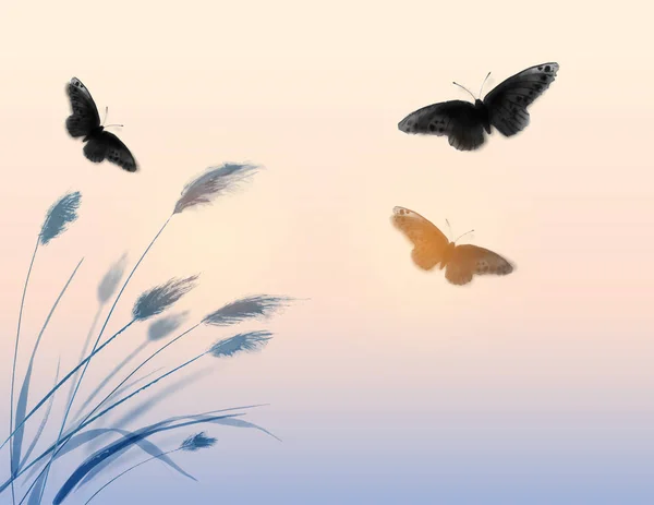 Çim Günbatımı Gökyüzü Kelebekler Ile Manzara Geleneksel Oryantal Mürekkep Boyama — Stok Vektör