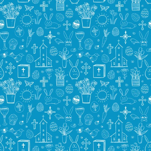 Seamless Pattern Blue Easter Doodle Sketches — Stock Vector