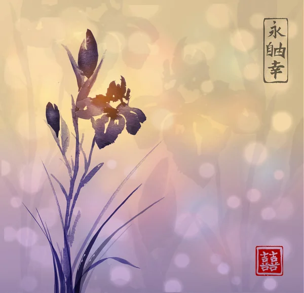 Iris Flores Mano Dibujado Con Tinta Estilo Asiático Sobre Fondo — Archivo Imágenes Vectoriales