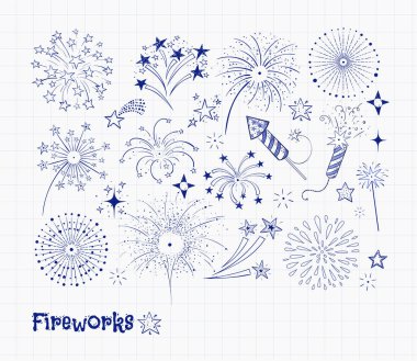 Dizi doodle havai fişek ve fireckrackers, sihirli arka plan