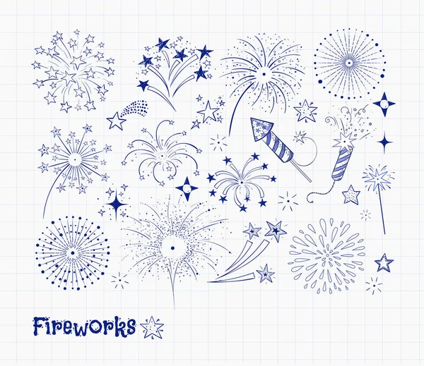 Set Doodle Firework Fireckrackers Magic Background — Stock Vector