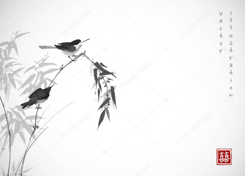 birds and black leaves on white glowing background