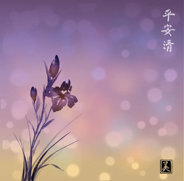Irisblumen Handgezeichnet Mit Tusche Asiatischen Stil Auf Hintergrund — Stockvektor