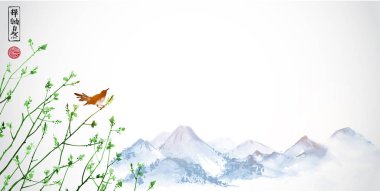 kuşlar ve yeşil yaprakları parlak beyaz arka plan üzerinde