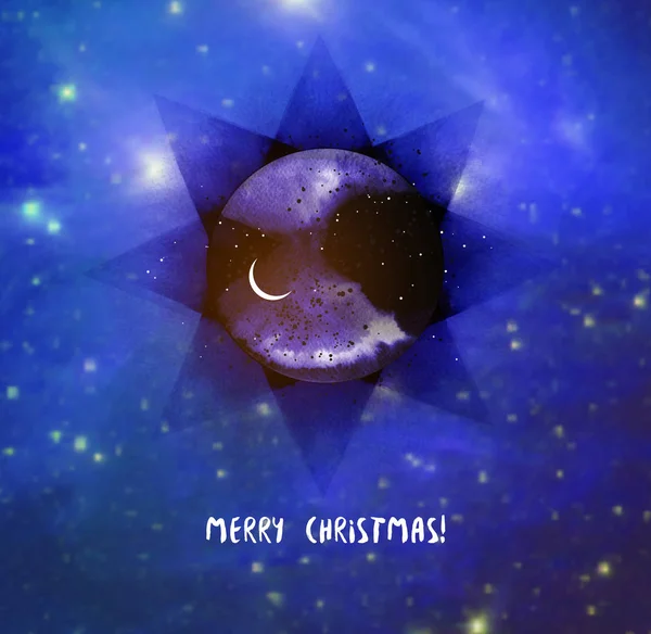 Tarjeta Navidad Con Estrellas Luna Creciente Sobre Fondo Azul — Vector de stock