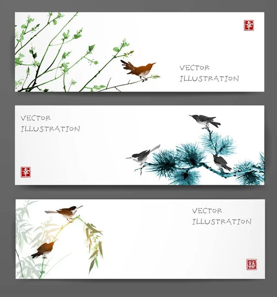 Banners Con Pájaros Árboles Pintura Tradicional Tinta Japonesa Sumi Sin — Vector de stock