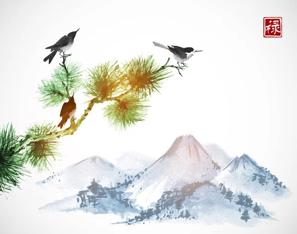 Oiseaux Sur Branche Pin Montagnes Arrière Plan Peinture Encre Orientale — Image vectorielle