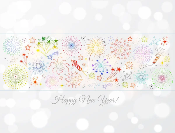 New Year Greeting Card Fireworks Gray Background — Stock Vector